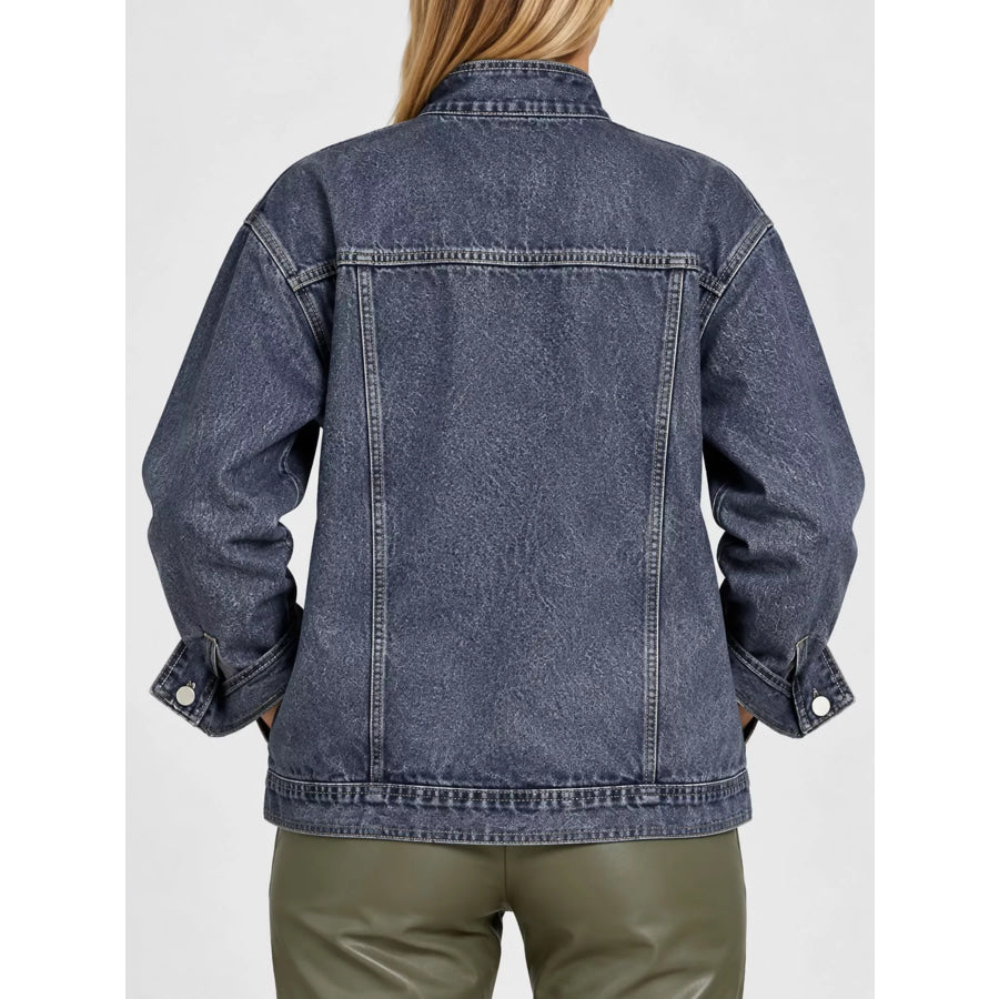 Full Size Asymmetric Button-Up Stand Collar Denim Jacket Plus Apparel and Accessories