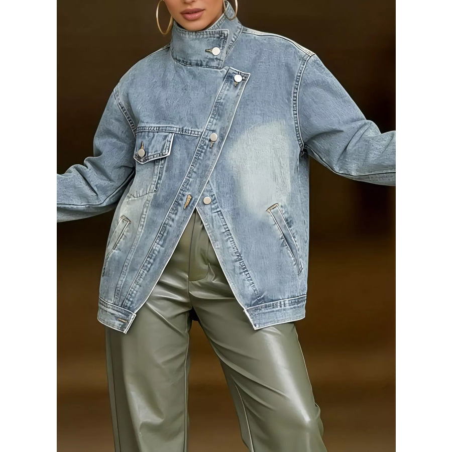 Full Size Asymmetric Button-Up Stand Collar Denim Jacket Plus Light Blue / S Apparel and Accessories