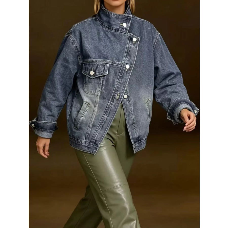 Full Size Asymmetric Button-Up Stand Collar Denim Jacket Plus Navy / S Apparel and Accessories