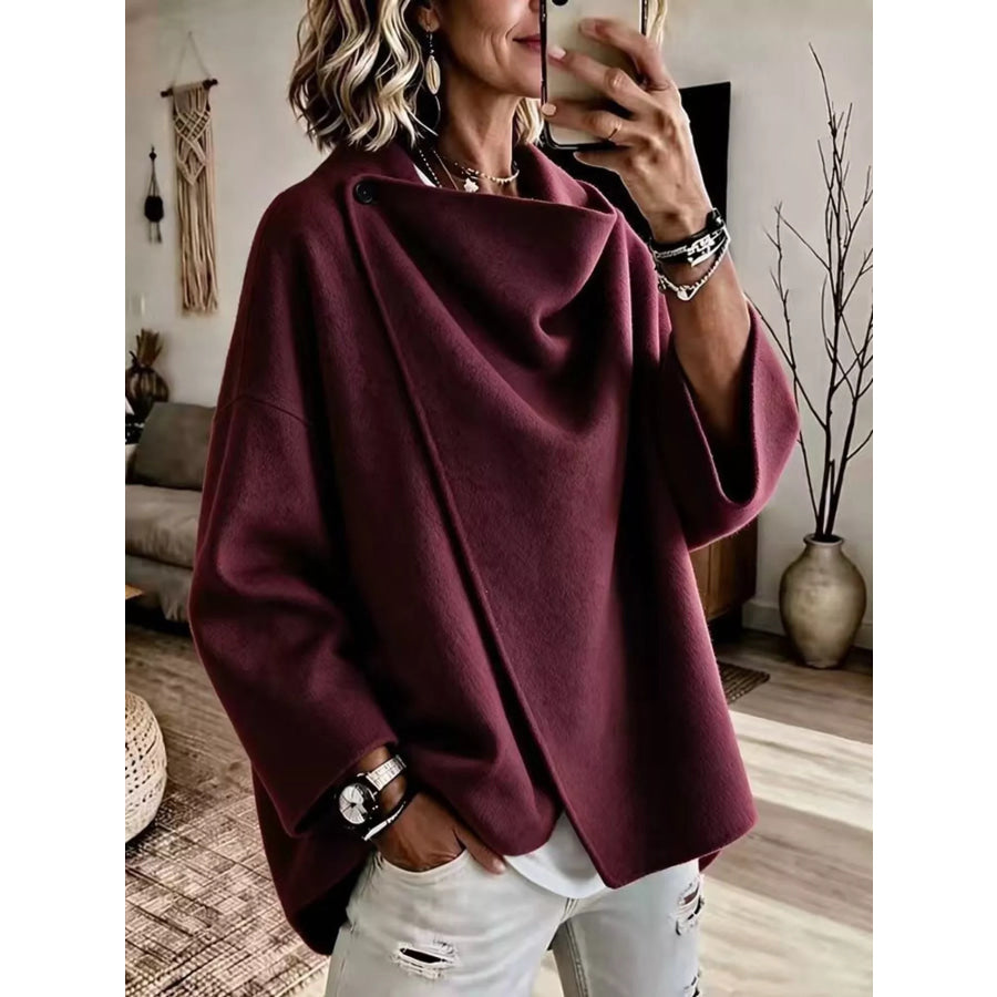 Full Size Asymmetric Cowl Neck Cape Plus Burgundy / S Apparel and Accessories