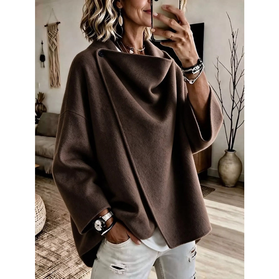 Full Size Asymmetric Cowl Neck Cape Plus Coffee Brown / S Apparel and Accessories