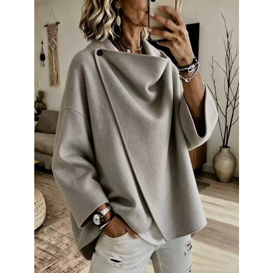 Full Size Asymmetric Cowl Neck Cape Plus Gray / S Apparel and Accessories