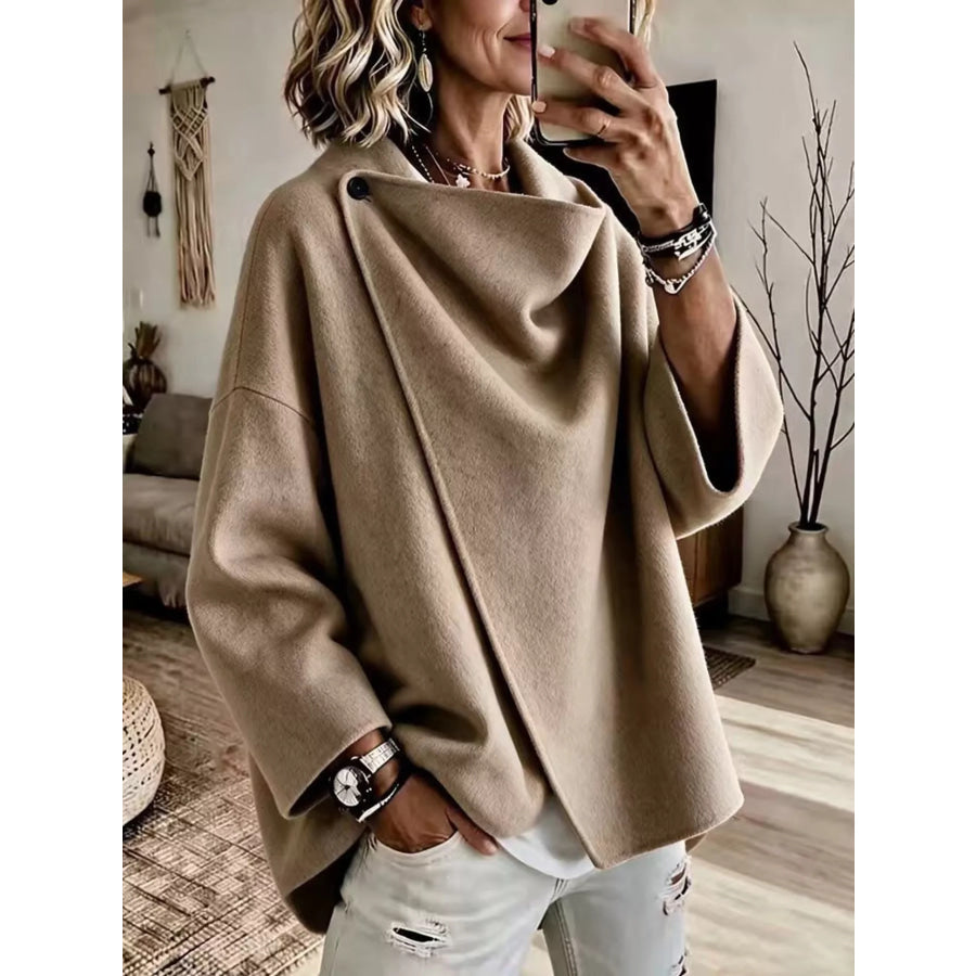 Full Size Asymmetric Cowl Neck Cape Plus Khaki / S Apparel and Accessories
