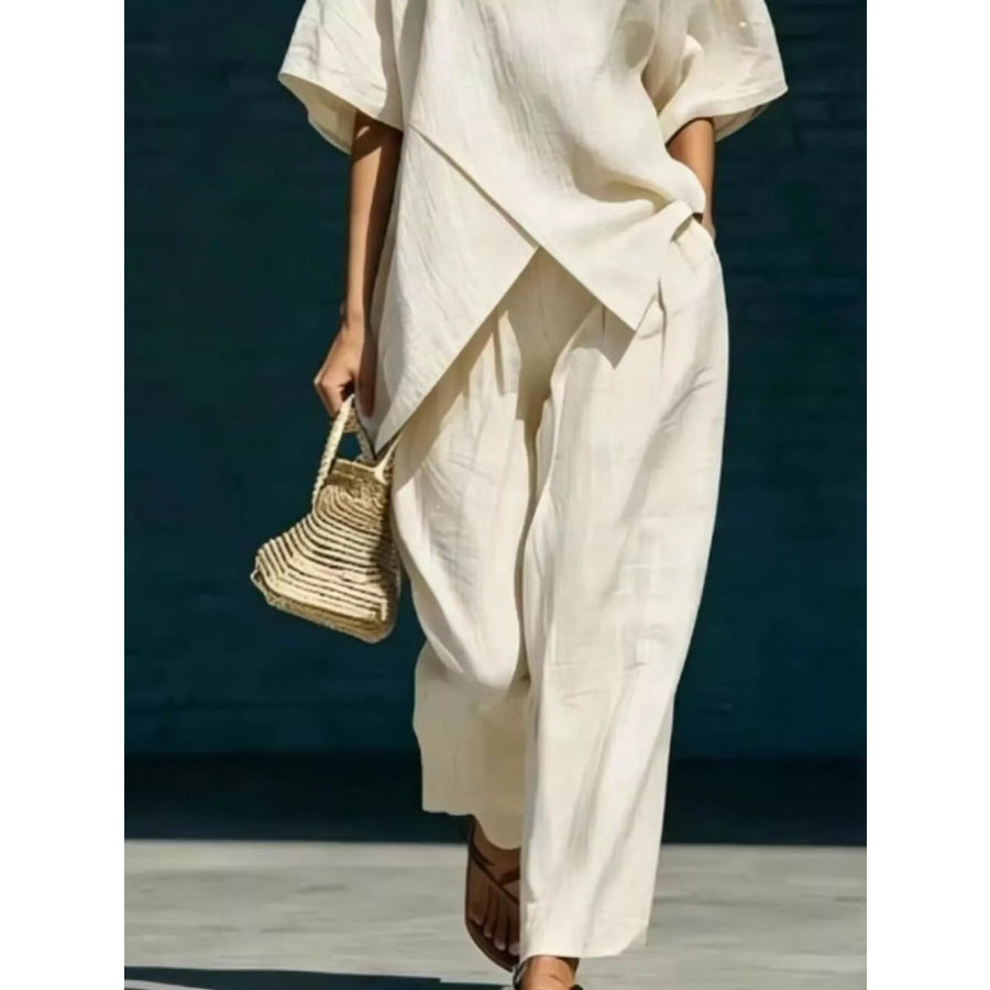 Full Size Asymmetric Top and Wide-Leg Pants Set Plus Size Apparel and Accessories