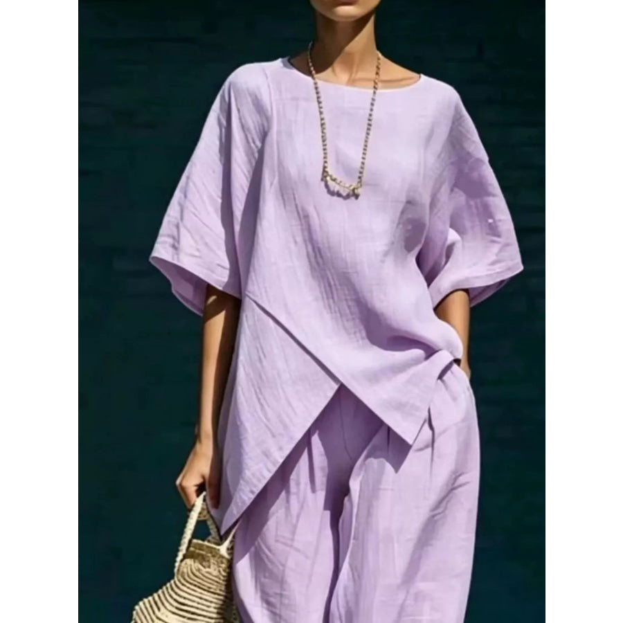 Full Size Asymmetric Top and Wide-Leg Pants Set Plus Size Apparel and Accessories