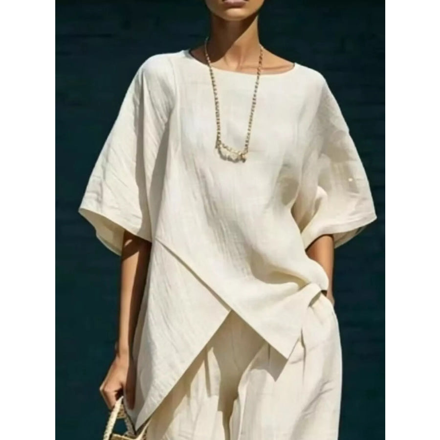 Full Size Asymmetric Top and Wide-Leg Pants Set Plus Size Apparel and Accessories
