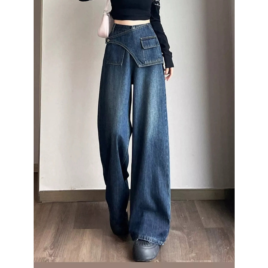 Full Size Asymmetric Waist Wide-Leg Jeans Plus Blue / S Apparel and Accessories