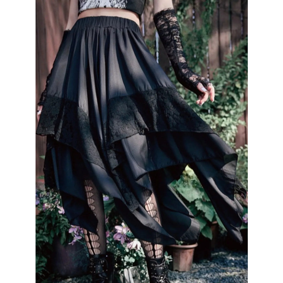 Full Size Asymmetrical Hem Lace Detail Skirt Plus Apparel and Accessories