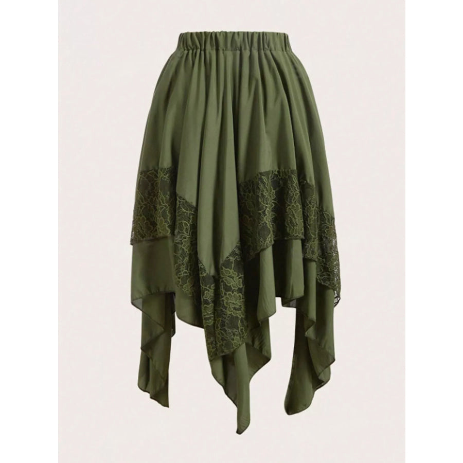 Full Size Asymmetrical Hem Lace Detail Skirt Plus Army Green / XS Apparel and Accessories