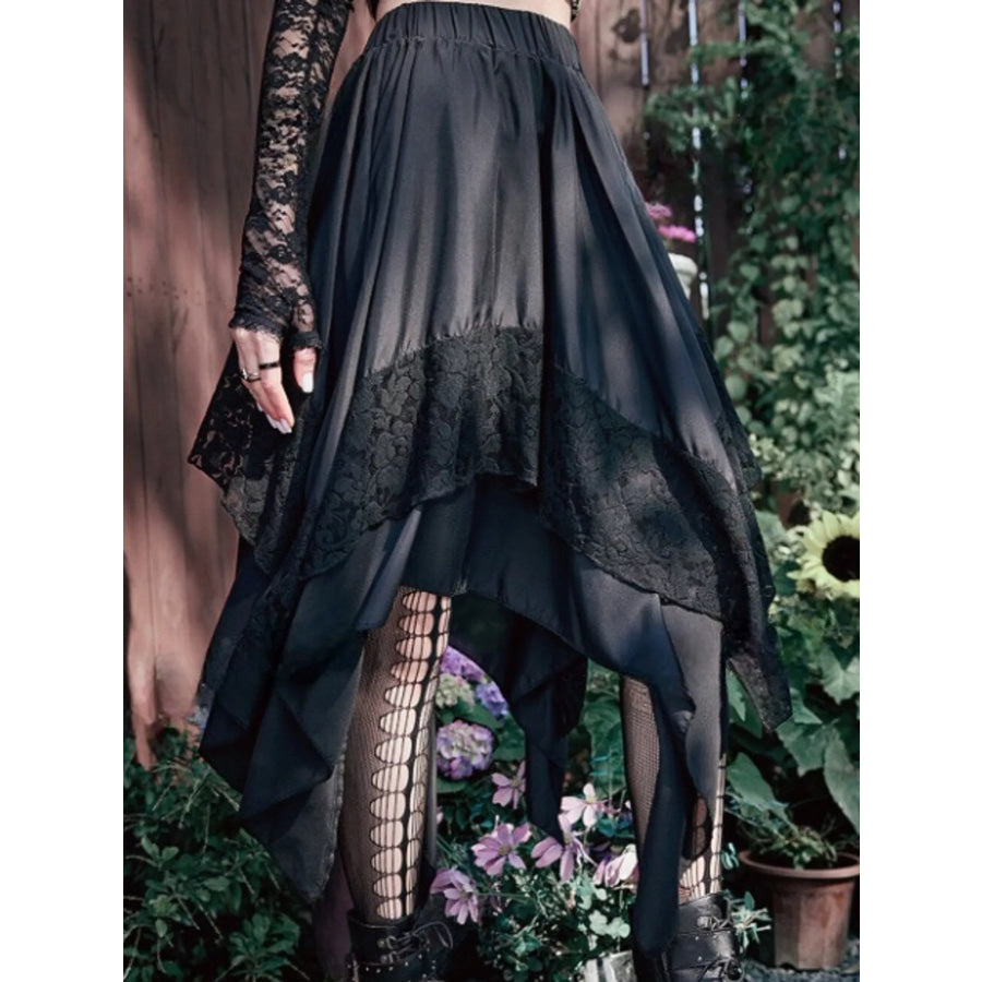 Full Size Asymmetrical Hem Lace Detail Skirt Plus Black / XS Apparel and Accessories