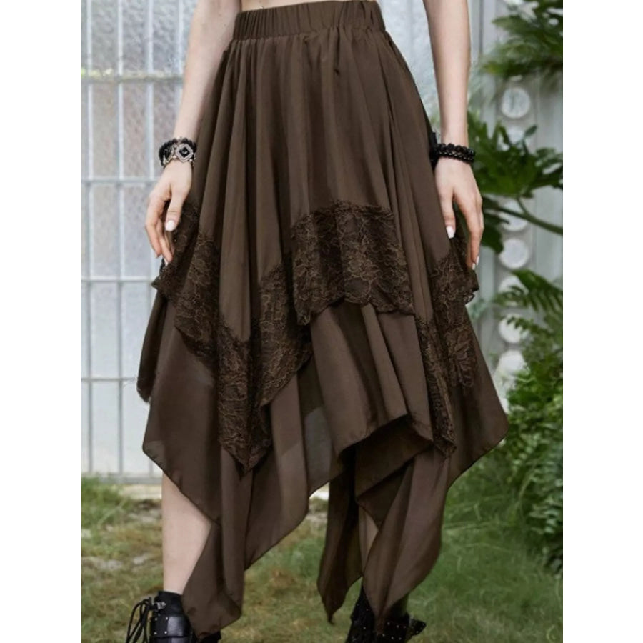 Full Size Asymmetrical Hem Lace Detail Skirt Plus Coffee / XS Apparel and Accessories