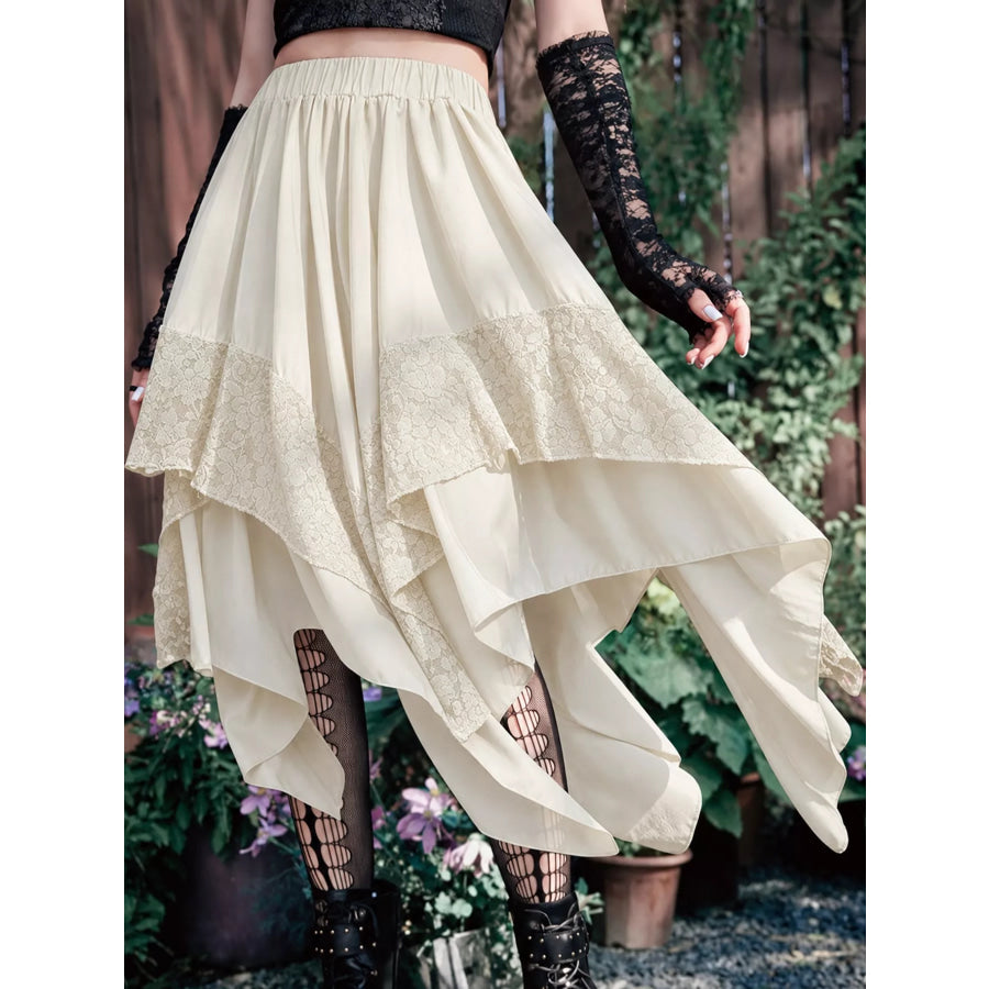 Full Size Asymmetrical Hem Lace Detail Skirt Plus Off-White / XS Apparel and Accessories