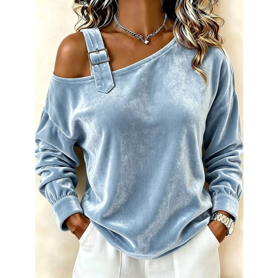 Full Size Asymmetrical Neck Long Sleeve Sweatshirt Plus Blue / S Apparel and Accessories