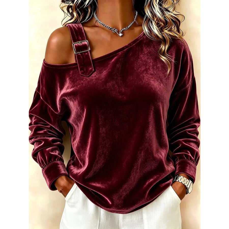 Full Size Asymmetrical Neck Long Sleeve Sweatshirt Plus Burgundy / S Apparel and Accessories