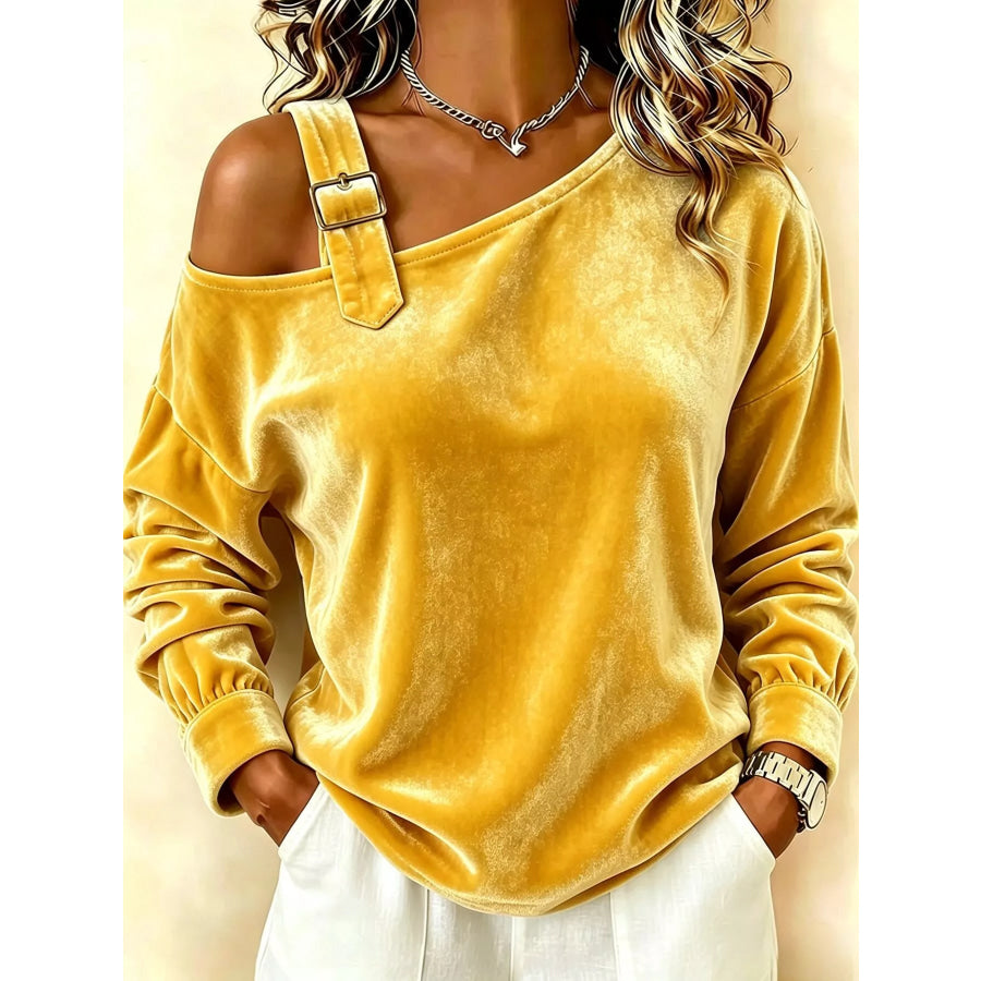 Full Size Asymmetrical Neck Long Sleeve Sweatshirt Plus Yellow / S Apparel and Accessories