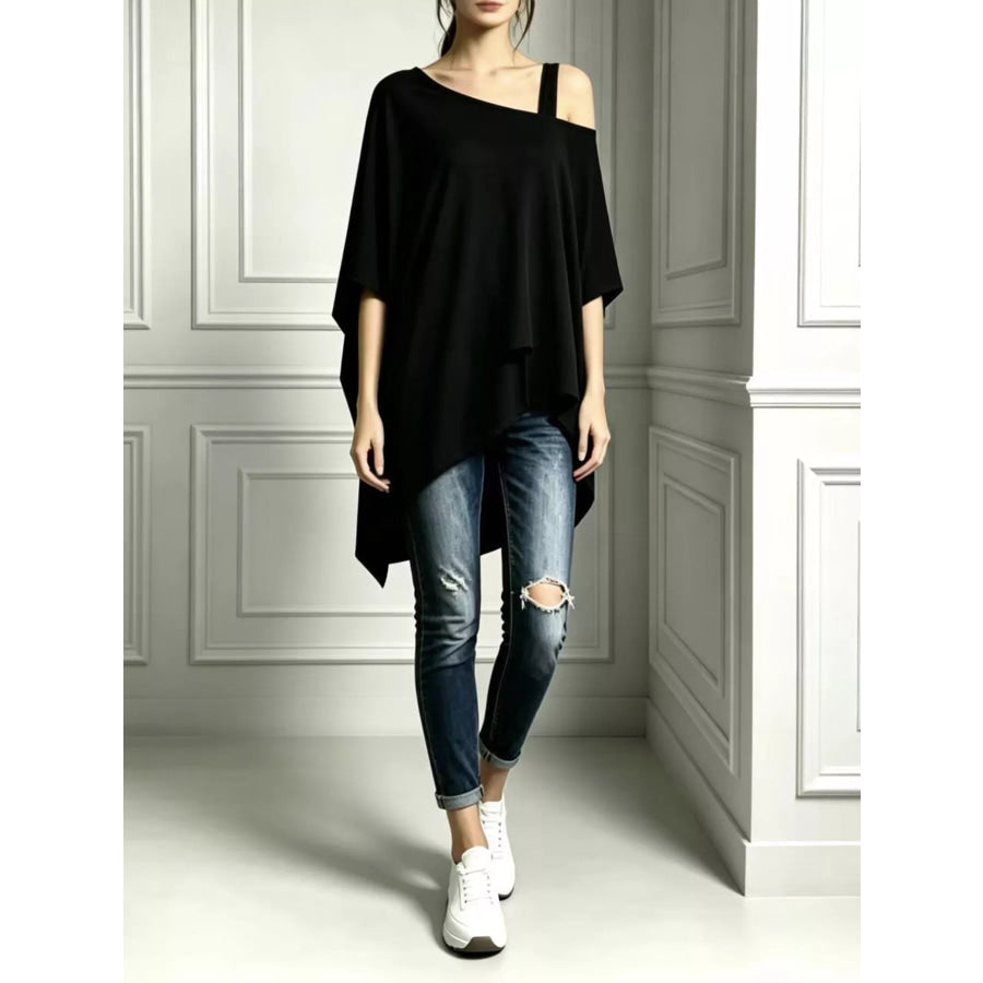 Full Size Asymmetrical Neck Short Sleeve T-Shirt Plus Black / S Apparel and Accessories