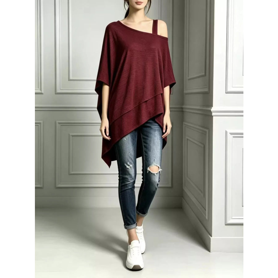 Full Size Asymmetrical Neck Short Sleeve T-Shirt Plus Burgundy / S Apparel and Accessories