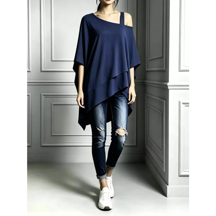 Full Size Asymmetrical Neck Short Sleeve T-Shirt Plus Navy / S Apparel and Accessories