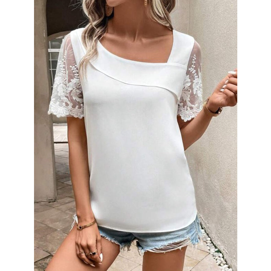Full Size Asymmetrical Neck Short Sleeve Top Apparel and Accessories