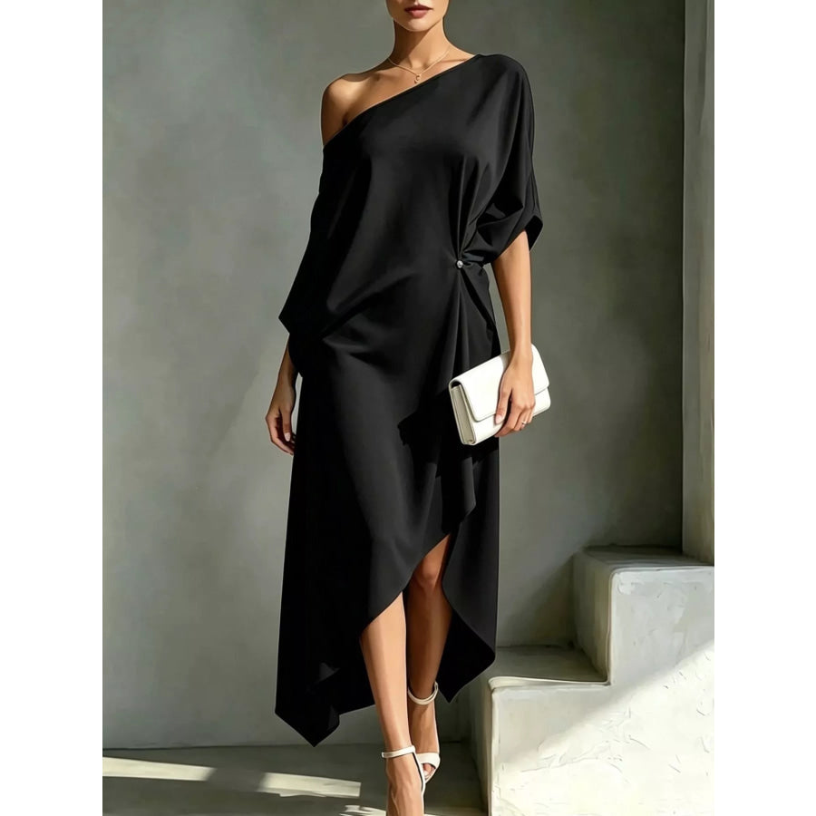 Full Size Asymmetrical One-Shoulder Drape Dress Plus Size Black / S Apparel and Accessories