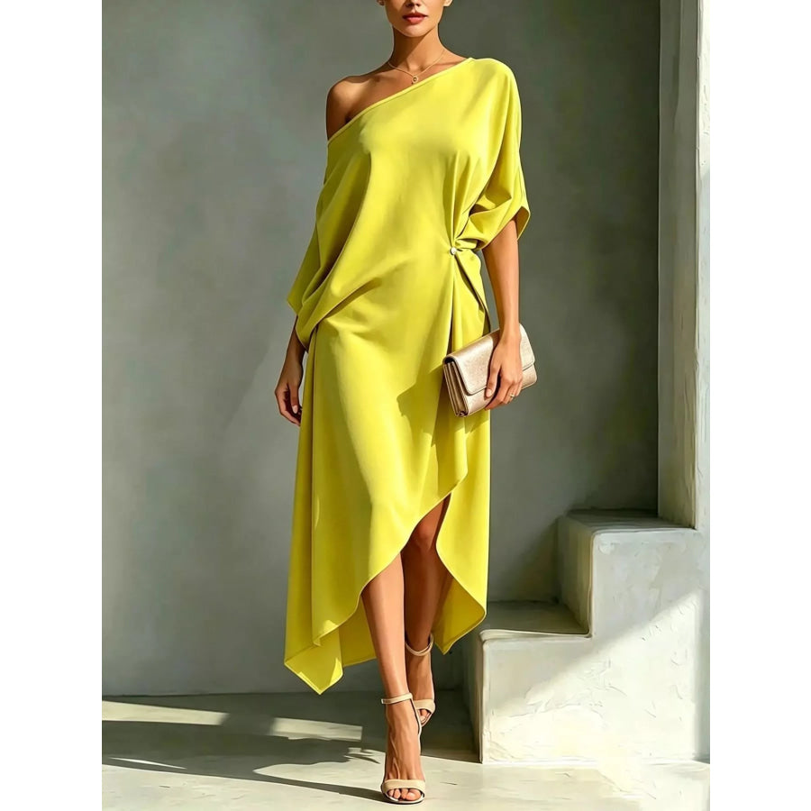 Full Size Asymmetrical One-Shoulder Drape Dress Plus Size Yellow / S Apparel and Accessories