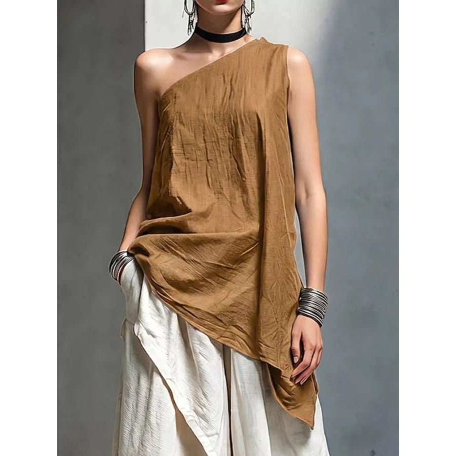 Full Size Asymmetrical One-Shoulder Sleeveless Top Plus Size Khaki / S Apparel and Accessories