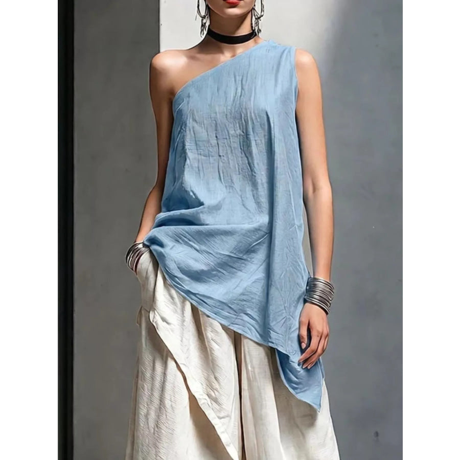 Full Size Asymmetrical One-Shoulder Sleeveless Top Plus Size Light Blue / S Apparel and Accessories