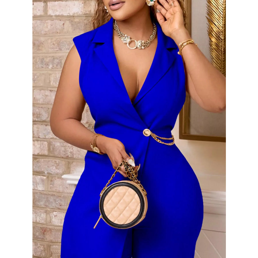 Full Size Asymmetrical Sleeveless Blazer Style Wide Leg Jumpsuit Plus Size Apparel and Accessories