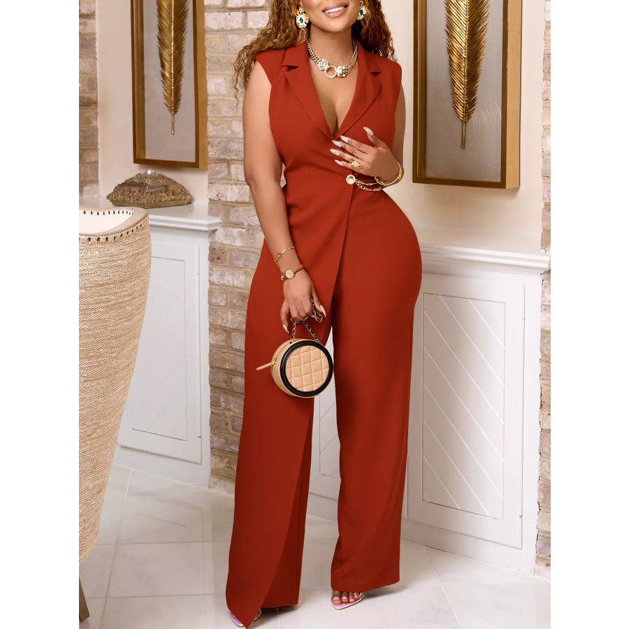 Full Size Asymmetrical Sleeveless Blazer Style Wide Leg Jumpsuit Plus Size Brown / S Apparel and Accessories