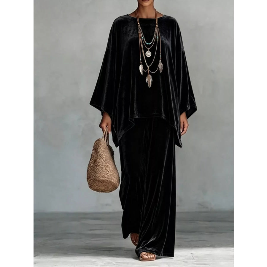 Full Size Asymmetrical Top and Wide Leg Pants Set Plus Black / S
