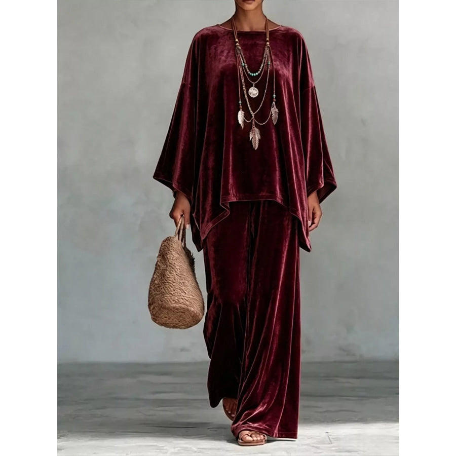 Full Size Asymmetrical Top and Wide Leg Pants Set Plus Burgundy / S