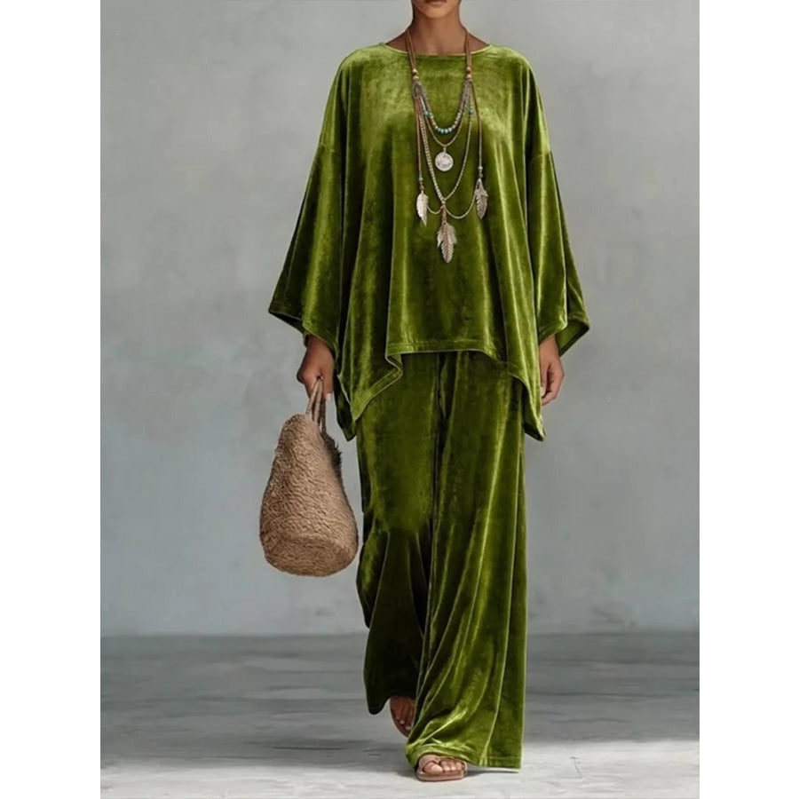 Full Size Asymmetrical Top and Wide Leg Pants Set Plus Olive / S