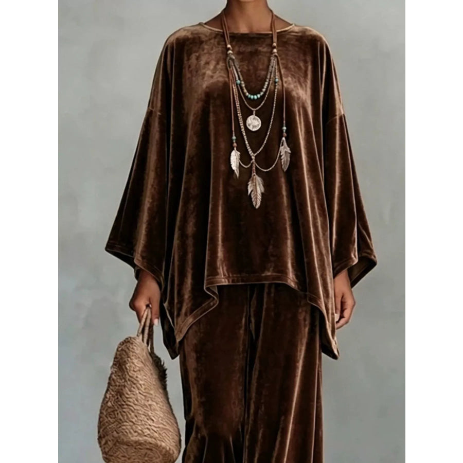 Full Size Asymmetrical Top and Wide Leg Pants Set Plus