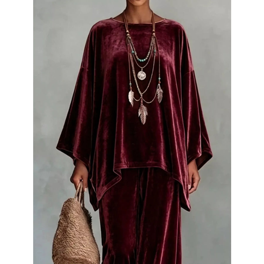 Full Size Asymmetrical Top and Wide Leg Pants Set Plus