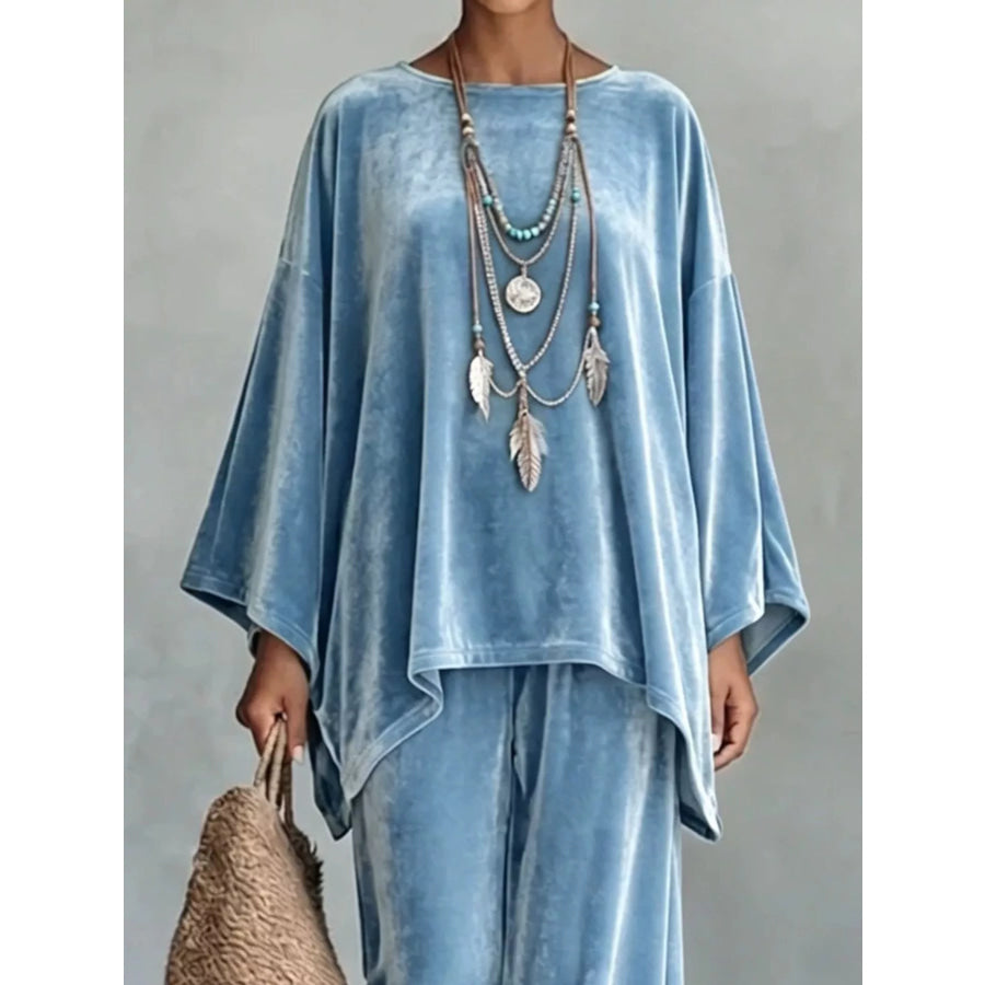 Full Size Asymmetrical Top and Wide Leg Pants Set Plus