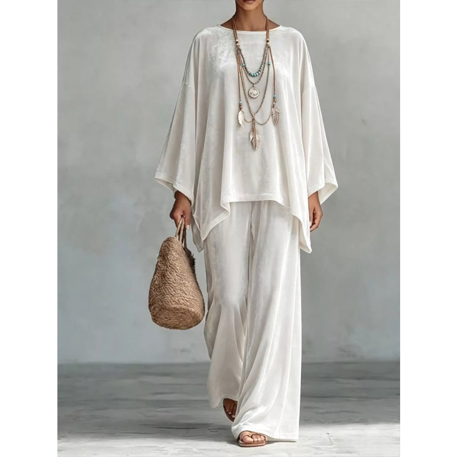 Full Size Asymmetrical Top and Wide Leg Pants Set Plus White / S