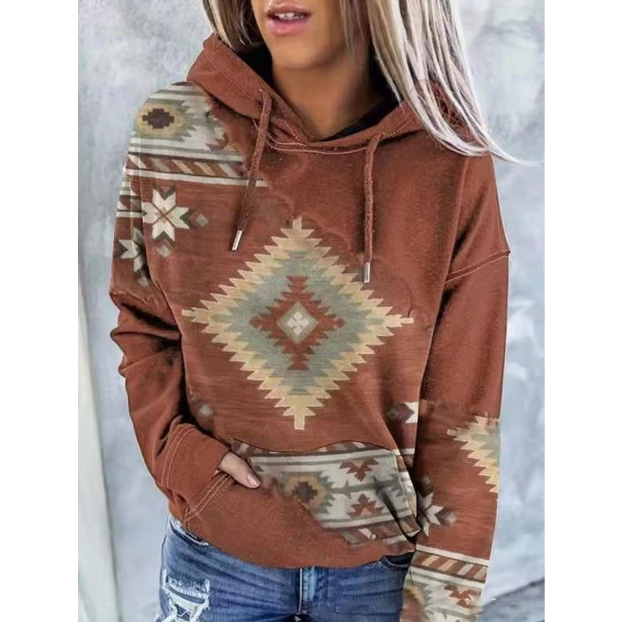 Full Size Aztec Print Hoodie with Kangaroo Pocket Plus Coffee / S Apparel and Accessories