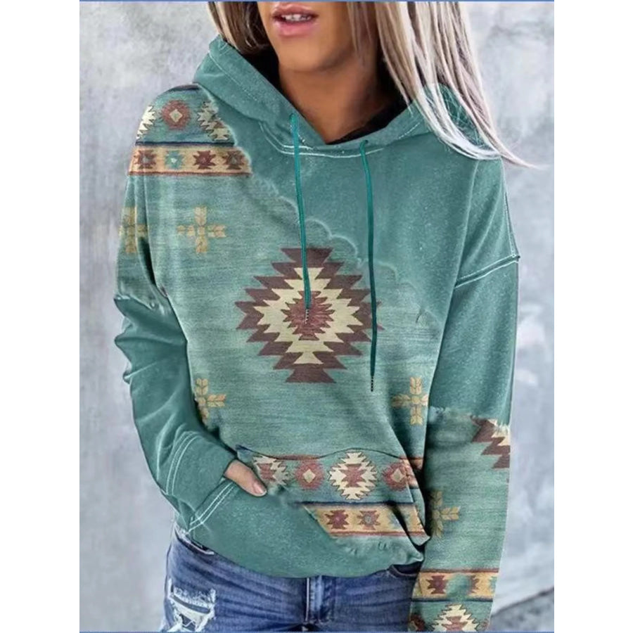 Full Size Aztec Print Hoodie with Kangaroo Pocket Plus Green / S Apparel and Accessories