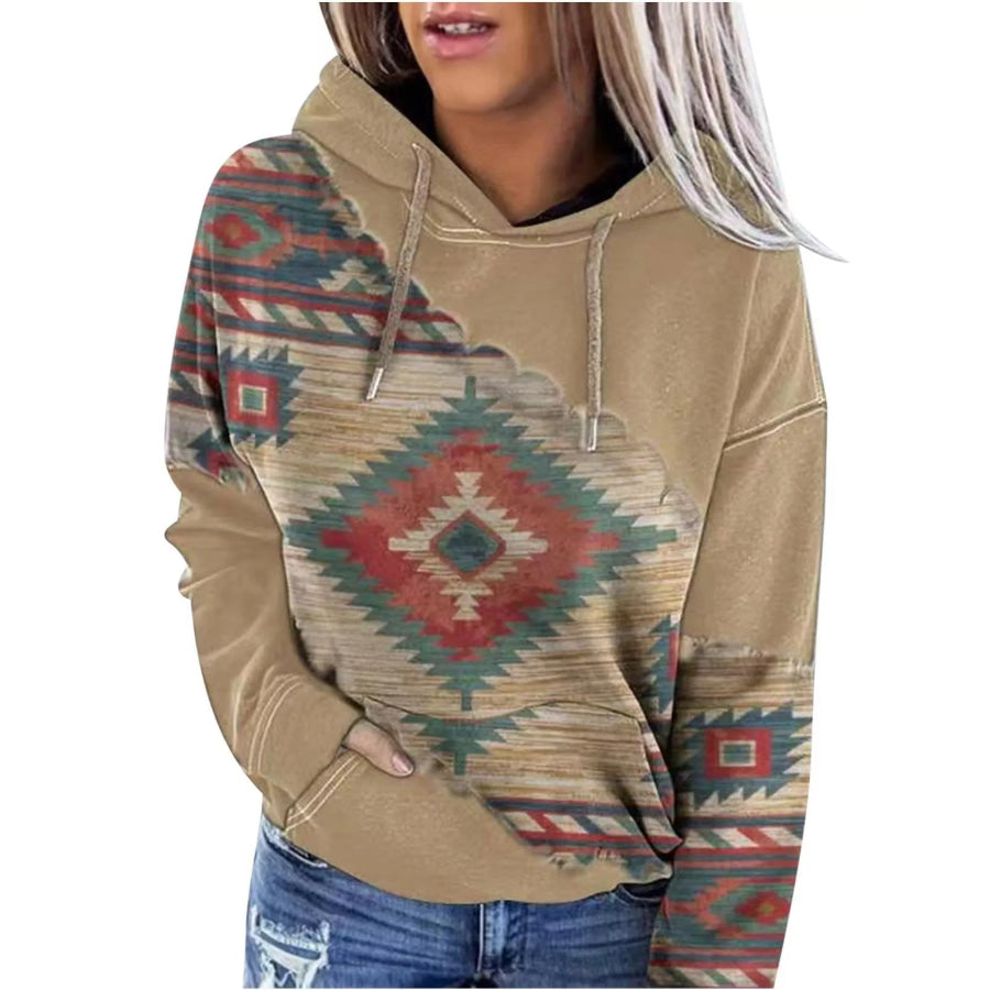 Full Size Aztec Print Hoodie with Kangaroo Pocket Plus Khaki / S Apparel and Accessories