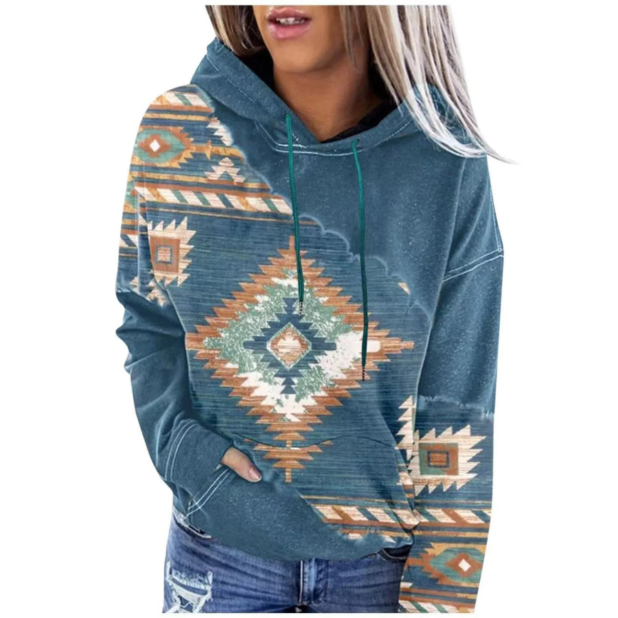 Full Size Aztec Print Hoodie with Kangaroo Pocket Plus Lake Blue / S Apparel and Accessories