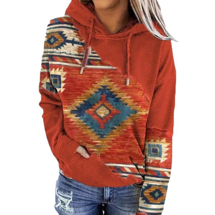 Full Size Aztec Print Hoodie with Kangaroo Pocket Plus Orange / S Apparel and Accessories