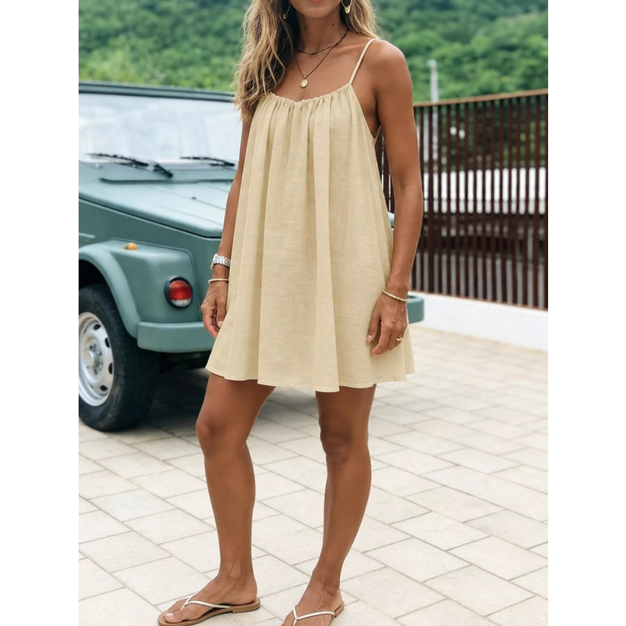 Full Size Backless Spaghetti Strap A-Line Mini Dress Plus Apricot-Style C / S Apparel and Accessories