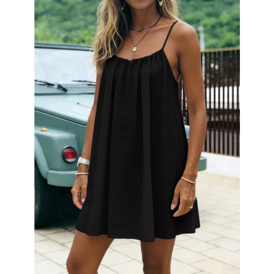 Full Size Backless Spaghetti Strap A-Line Mini Dress Plus Black-Style C / S Apparel and Accessories