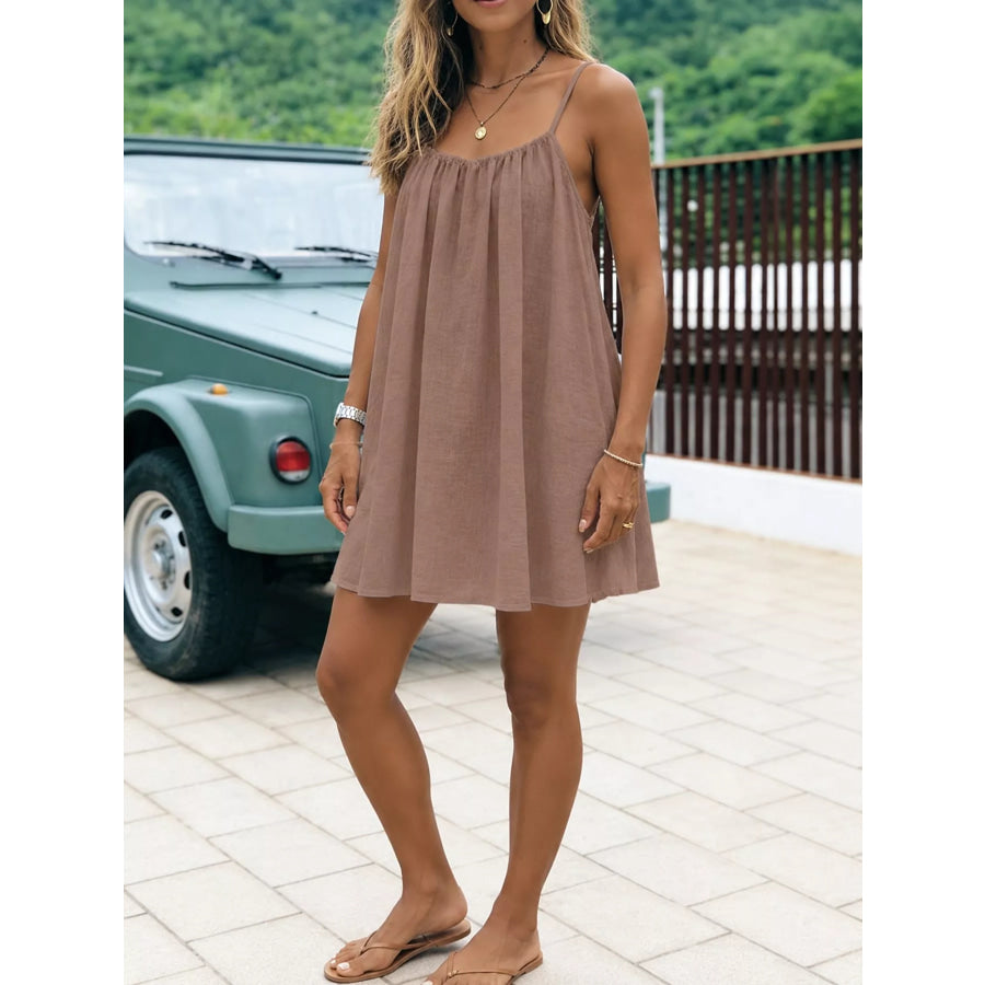 Full Size Backless Spaghetti Strap A-Line Mini Dress Plus Camel-Style C / S Apparel and Accessories