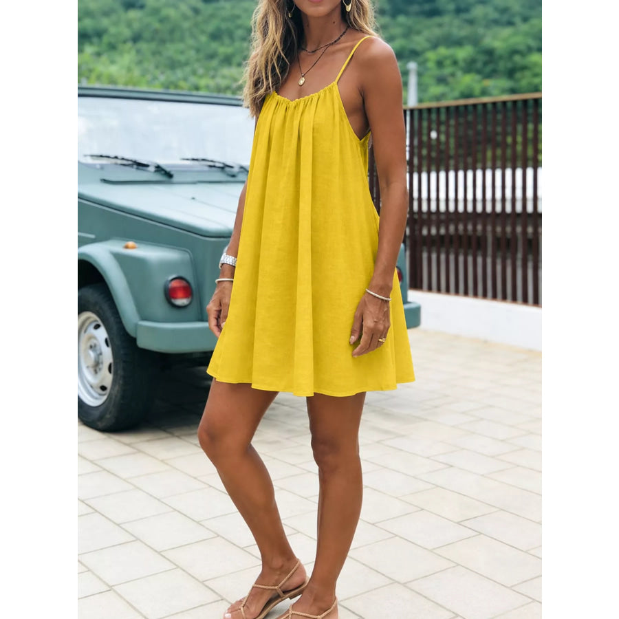 Full Size Backless Spaghetti Strap A-Line Mini Dress Plus Yellow-Style C / S Apparel and Accessories