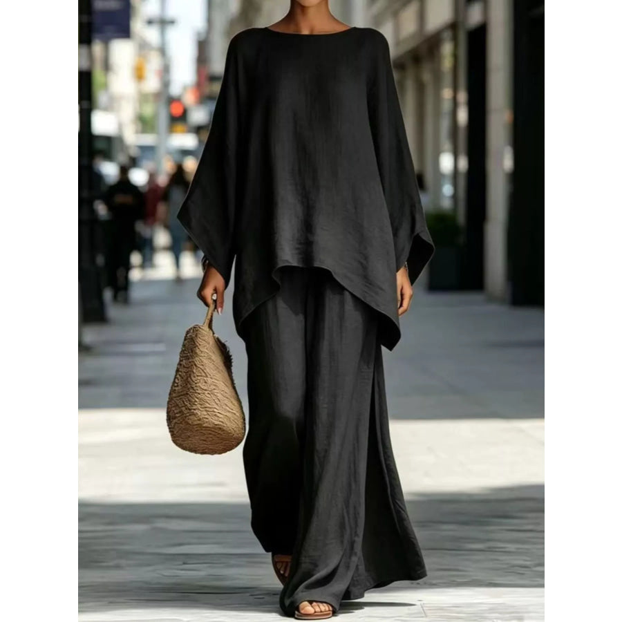 Full Size Batwing Sleeve Top and Wide-Leg Pants Set Plus Black / S Apparel Accessories