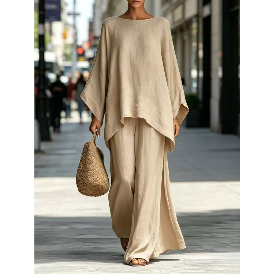 Full Size Batwing Sleeve Top and Wide-Leg Pants Set Plus Khaki / S Apparel Accessories