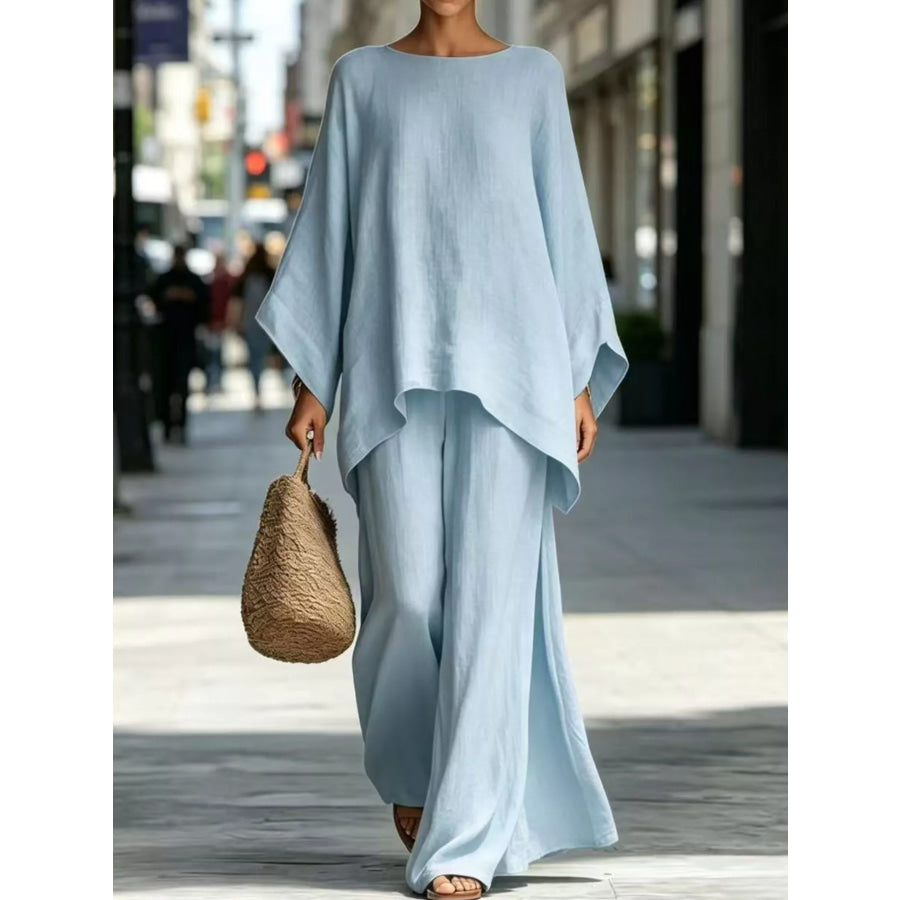 Full Size Batwing Sleeve Top and Wide-Leg Pants Set Plus Light Blue / S Apparel Accessories