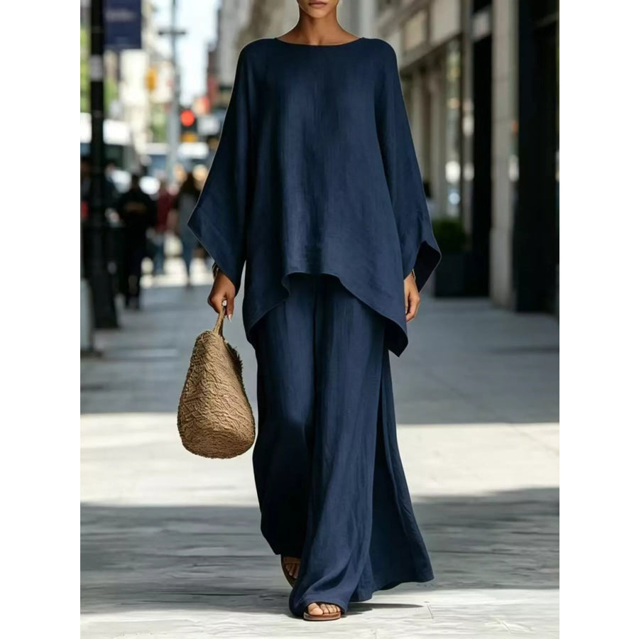 Full Size Batwing Sleeve Top and Wide-Leg Pants Set Plus Navy Blue / S Apparel Accessories