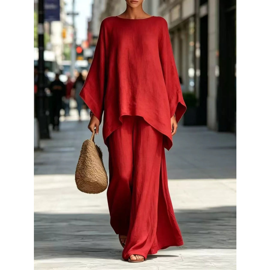 Full Size Batwing Sleeve Top and Wide-Leg Pants Set Plus Red / S Apparel Accessories
